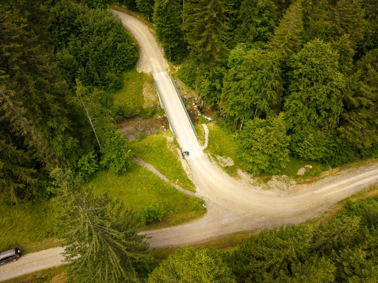 Drohnenperspektive: Waldweg und Brücke